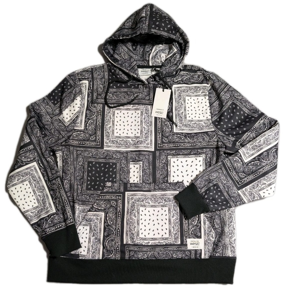NWT WeSC Mike Patchwork Bandana Hoodie Black White Pullover Sweatshirt Mens‎ L